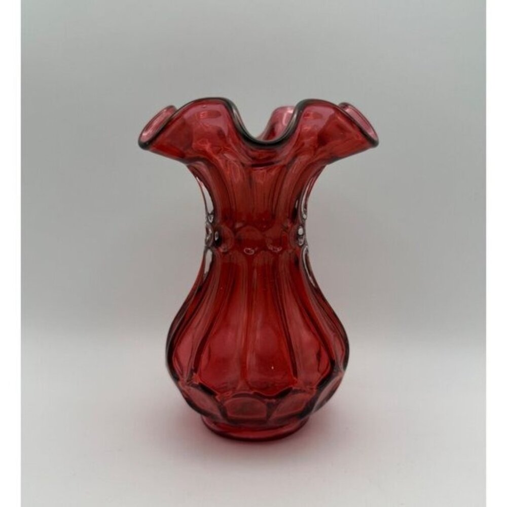Vintage Fenton Country Cranberry Dot And Flute Ruffled Edge Vase 5in Tall - Picture 4 of 7